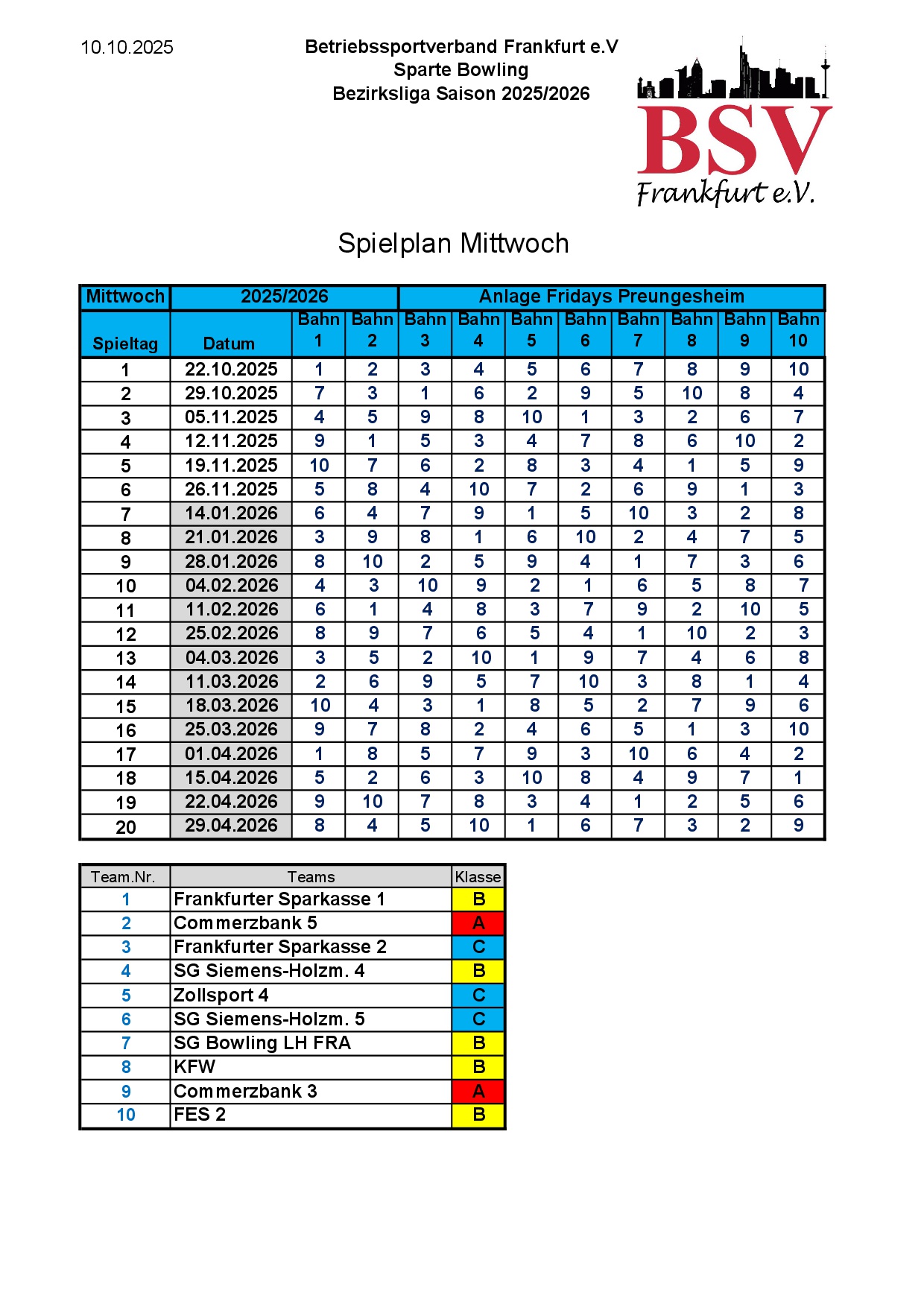 2025.10.10 Spielplan Liga Mittwoch Saison 2025 2026 2