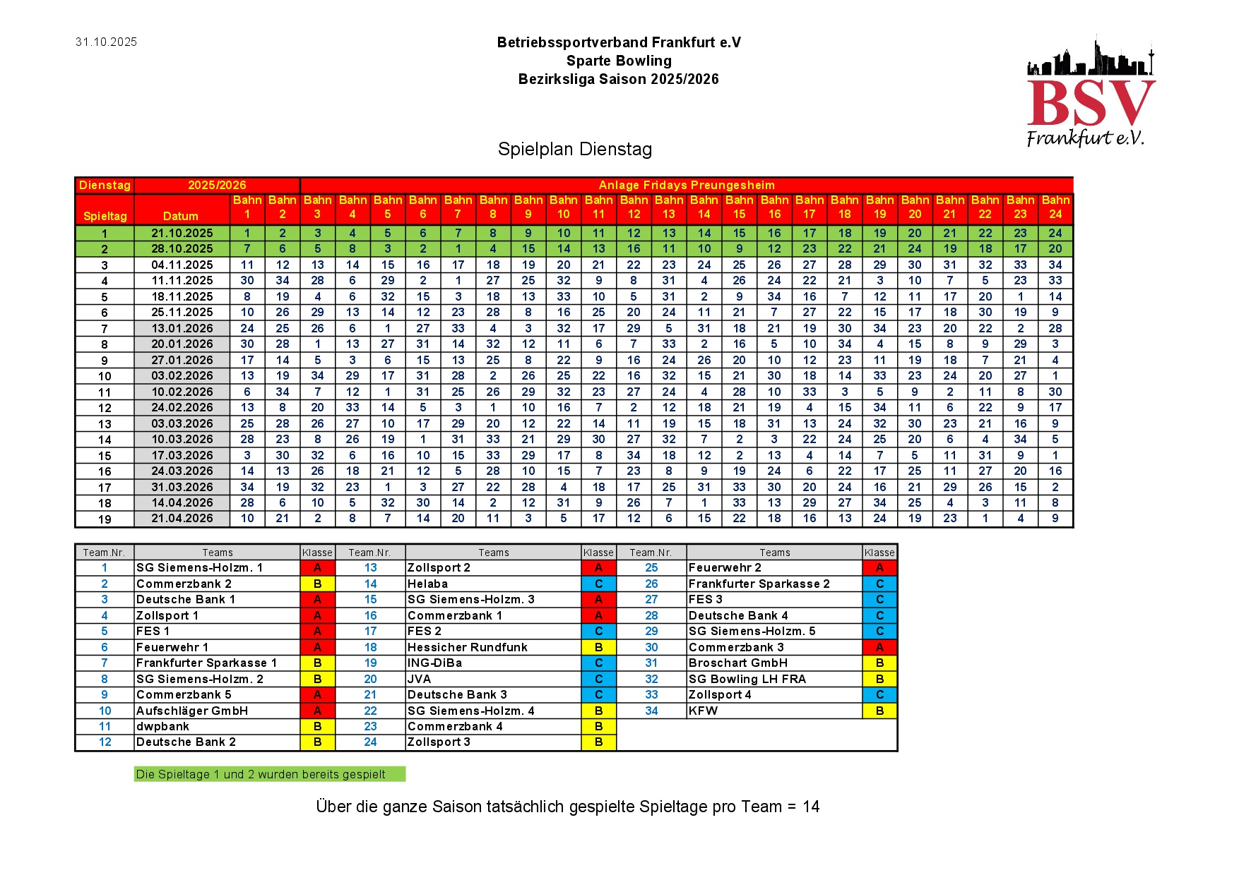 2025.10.31 Spielplan Liga Dienstag Saison 2025 2026 alle
